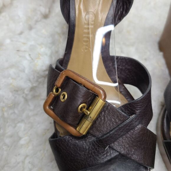 Chloe brown leather ankle wrap wedge sandals 36.5 - Picture 5 of 10